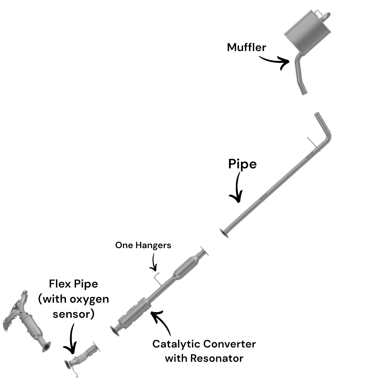 Hyundai Sonata 2.4L (2011-2014) (With Sport Package) Flex Pipe (with Oxygen Sensor), Catalytic Converter with Resonator (with on hanger), Pipe and Muffler