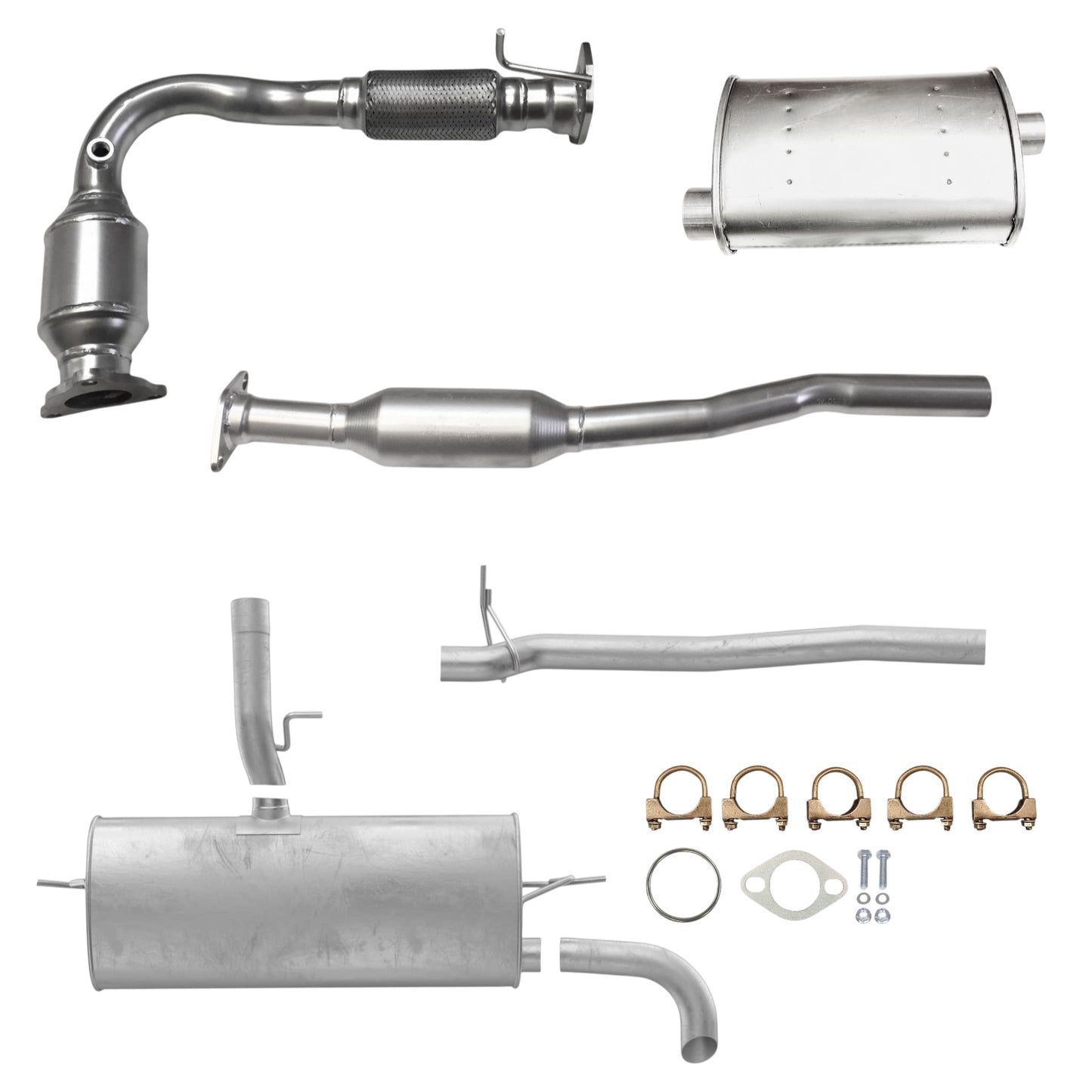 GMC Terrain 2.4L (2010-2017) Front Catalytic Converter with Flex Pipe, Rear Catalytic Converter, Middle Muffler, Pipe and Rear Muffler 