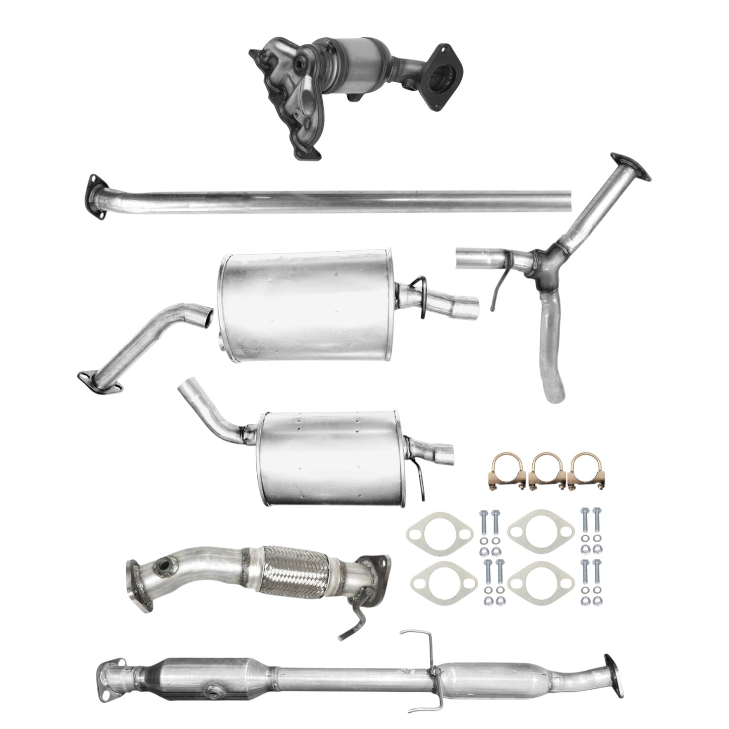Kia Optima 2.4L (2016-2018) (Non-Hybrid) (Except: Korean Built) Manifold Converter, Flex Pipe with Oxygen Sensor hole, Catalytic Converter with two hangers, Y pipe and Both side Mufflers