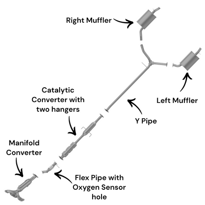Kia Optima 2.4L (2016-2018) (Non-Hybrid) (Except: Korean Built) Manifold Converter, Flex Pipe with Oxygen Sensor hole, Catalytic Converter with two hangers, Y pipe and Both side Mufflers
